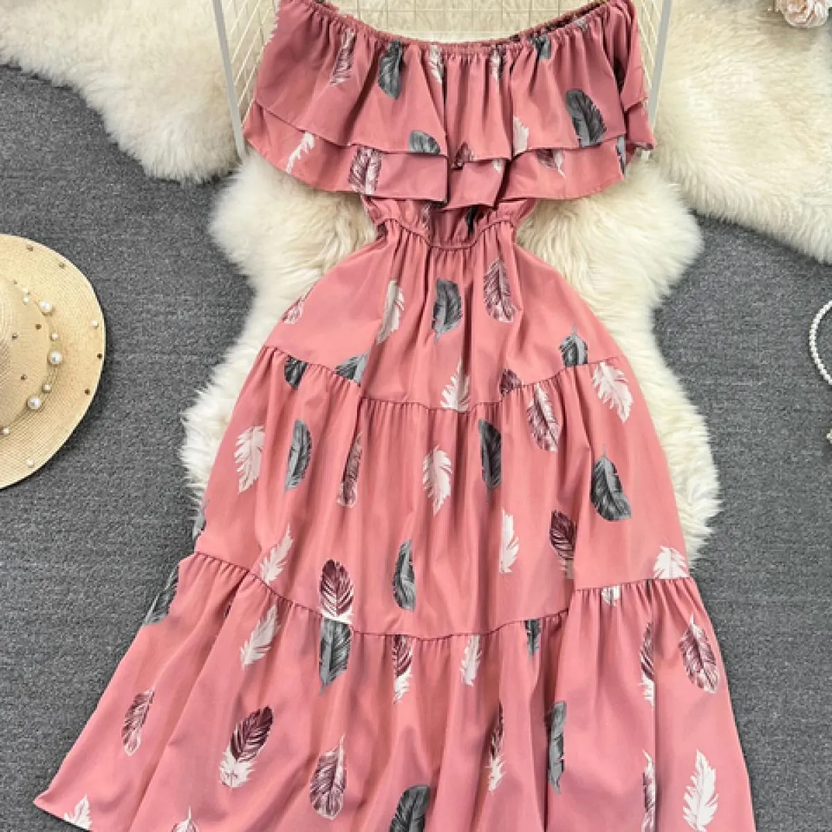 Abito estivo da donna con scollo a barchetta e spalle scoperte Abito floreale con volant Beach Vaction Big Swing A Line Manica c