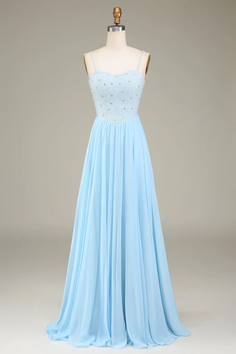 Azzurro cielo A-Line Spaghetti Straps Chiffon abito lungo da damigella d'onore con perline