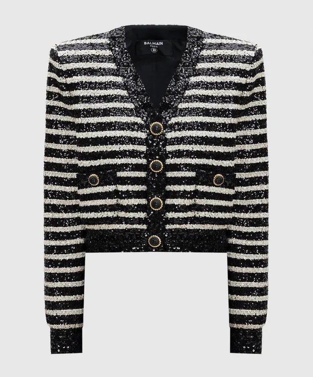 Balmain Cardigan a righe nere con paillettes DF1KL180XJ31