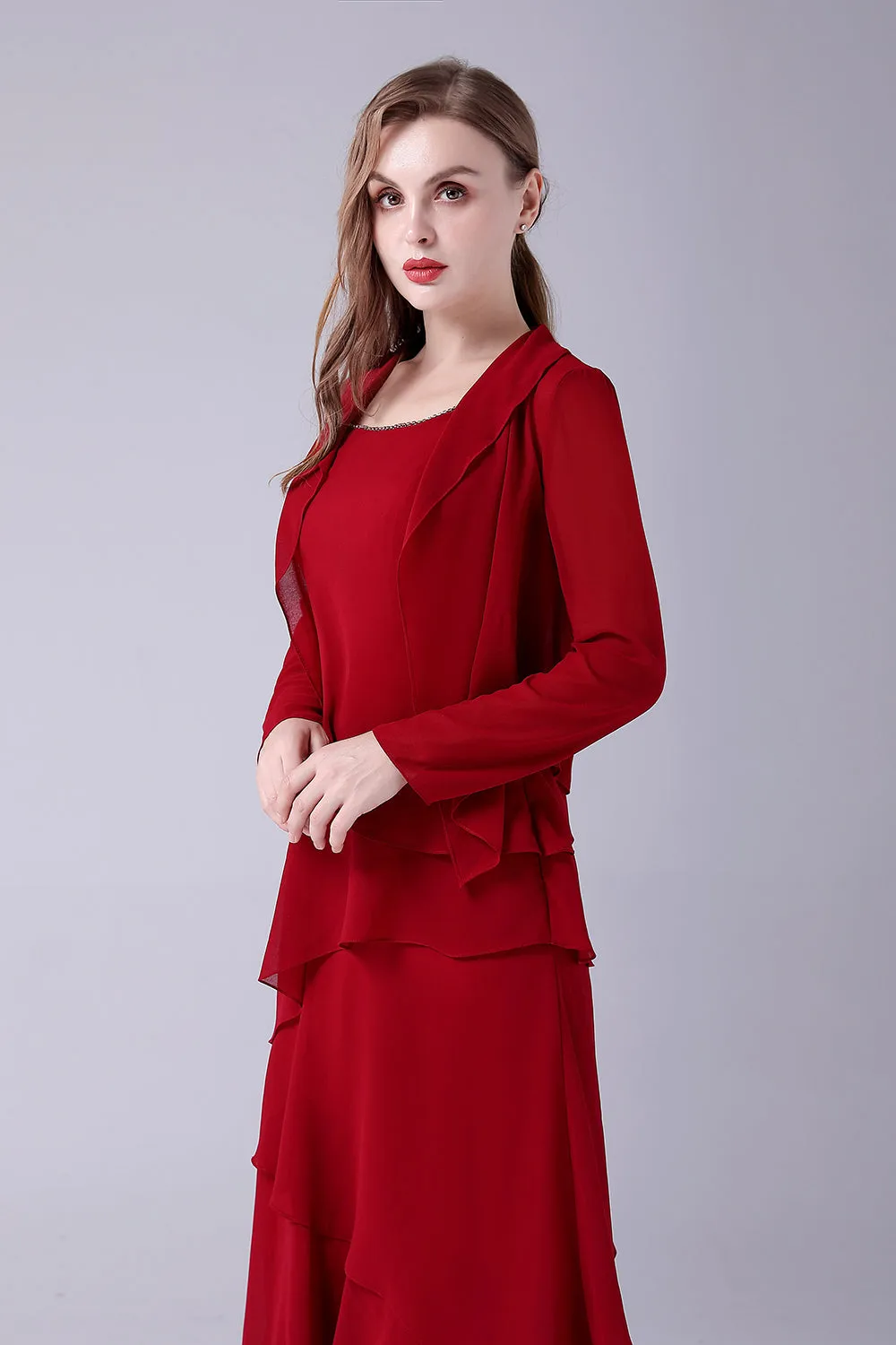 Borgogna A-Line Scoop Neck Chiffon Pavimento-Lunghezza Madre Del Abito Sposa