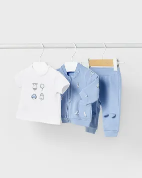 Completo tre pezzi azzurro in felpa con t-shirt bianca abbinata 4-9 mesi