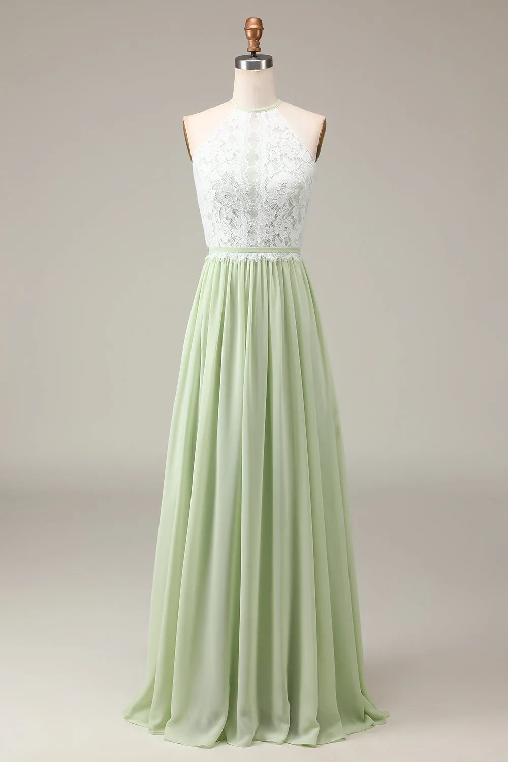 Dusty Sage Halter Neck Lace e Chiffon A-line Piano Lunghezza abito da damigella d'onore