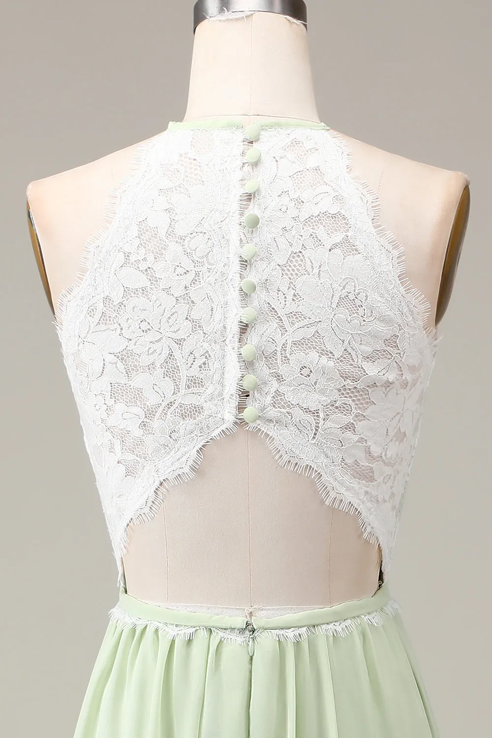 Dusty Sage Halter Neck Lace e Chiffon A-line Piano Lunghezza abito da damigella d'onore