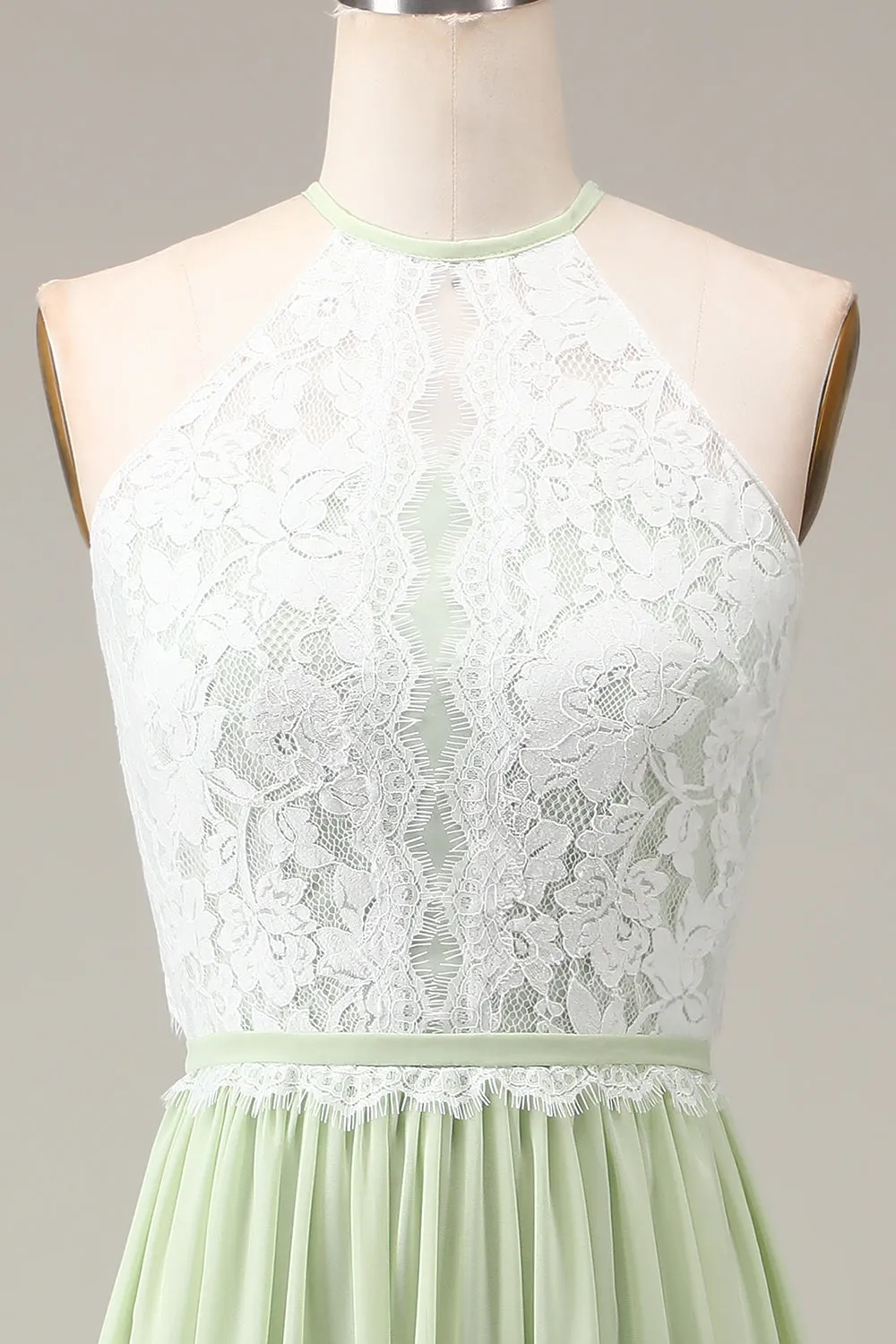 Dusty Sage Halter Neck Lace e Chiffon A-line Piano Lunghezza abito da damigella d'onore
