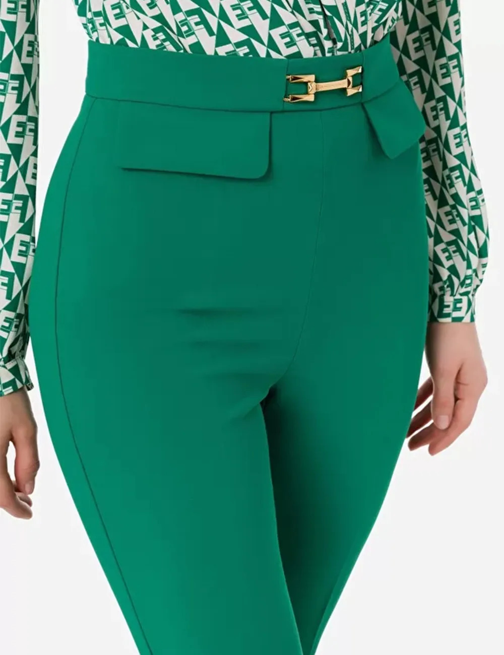 Elisabetta Franchi     Pantalone skinny con patte e accessorio morsetto Smeraldo