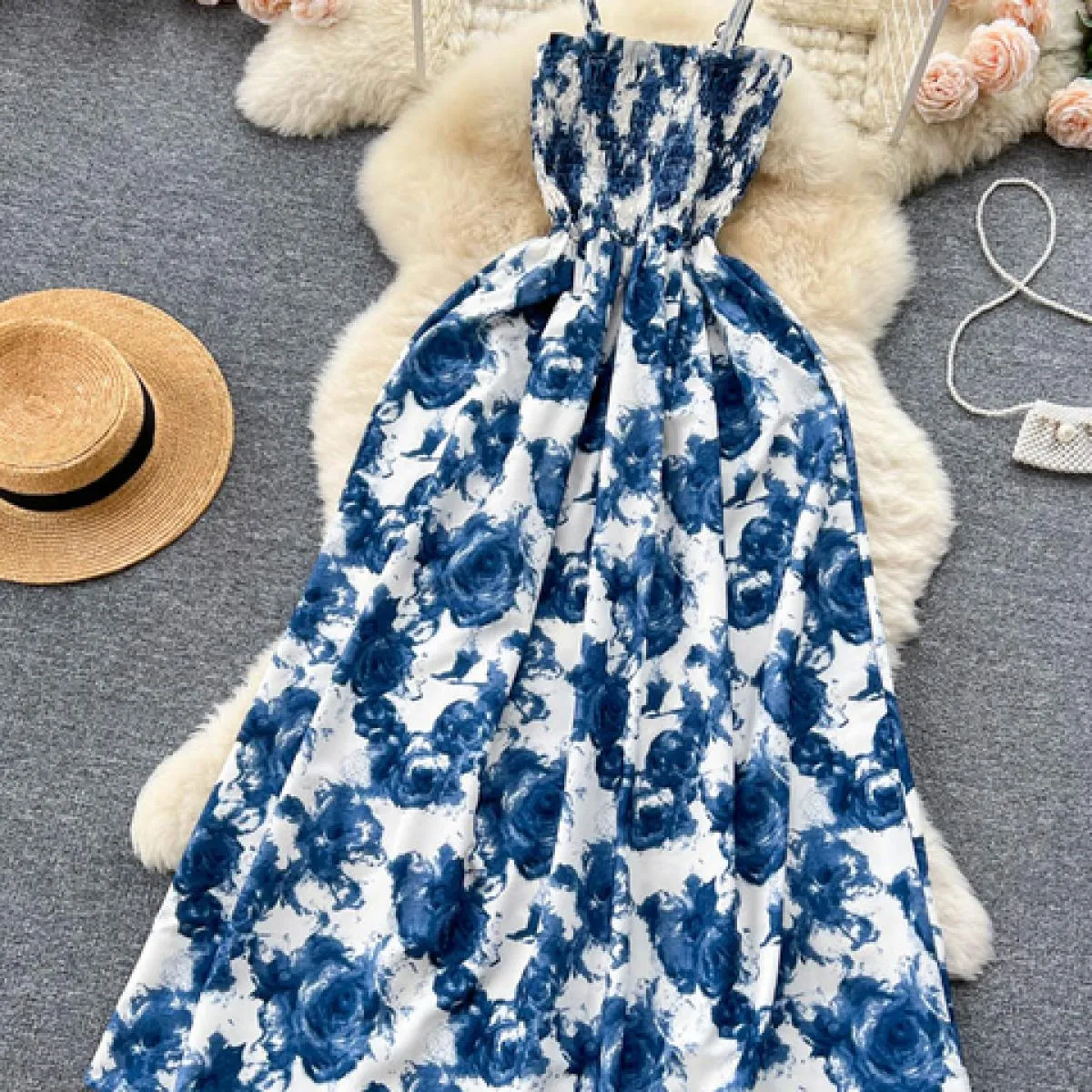 Estate donna floreale cinturino per spaghetti abito lungo vacanza spiaggia vita alta drappeggiato volant grande altalena maxi ab