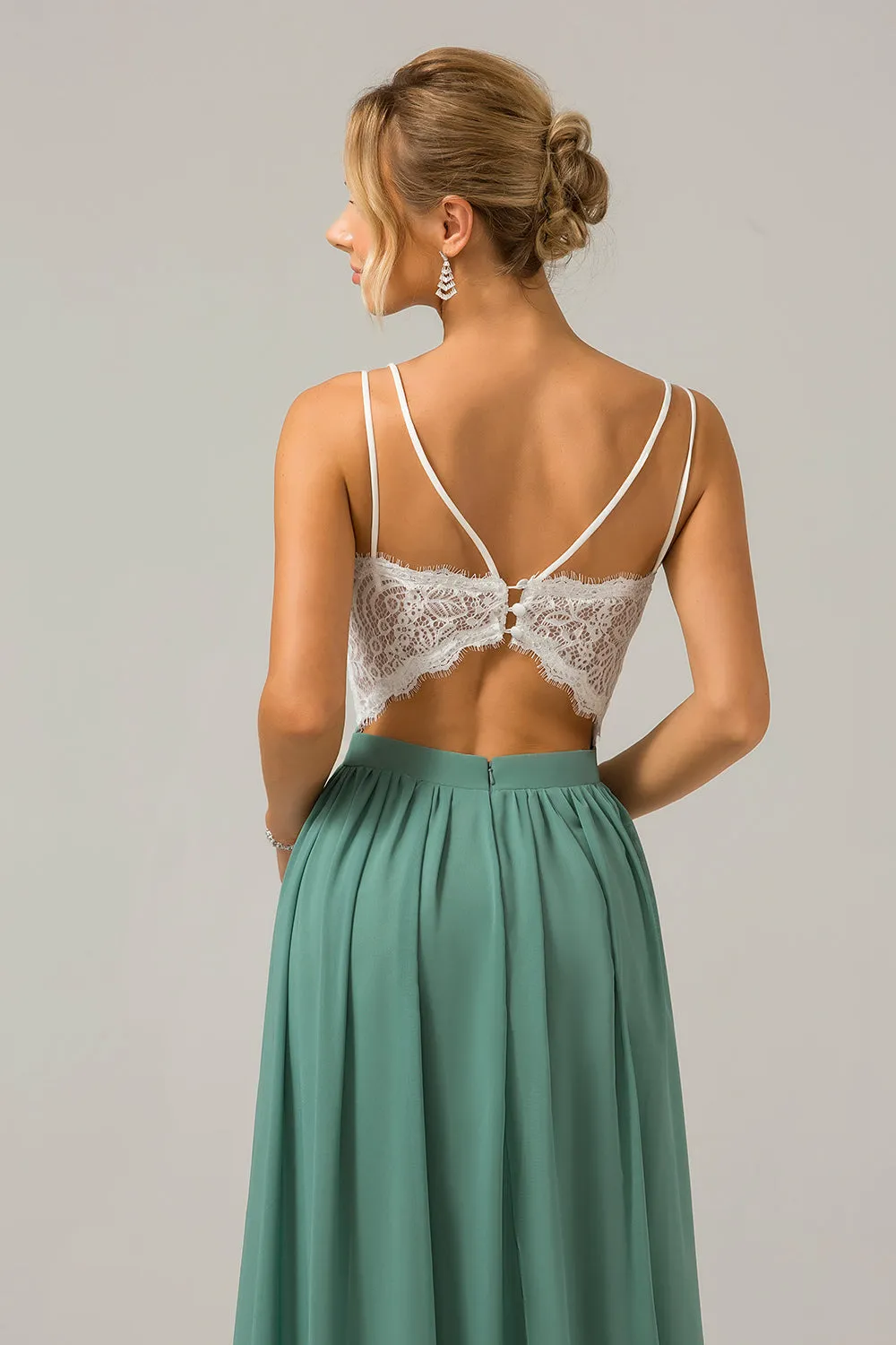 Eucalipto Aperto Schiena Boho Chiffon Abito Lungo Da Damigella D'onore con Pizzo