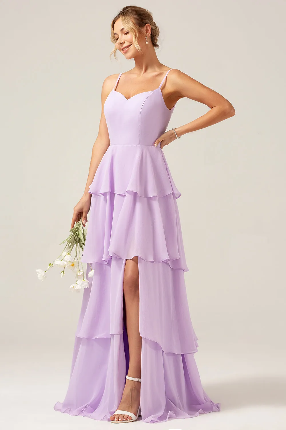 Lilla A Line Spalline Sottili Stratificato Chiffon Abito Da Damigella D'onore Con Fessura