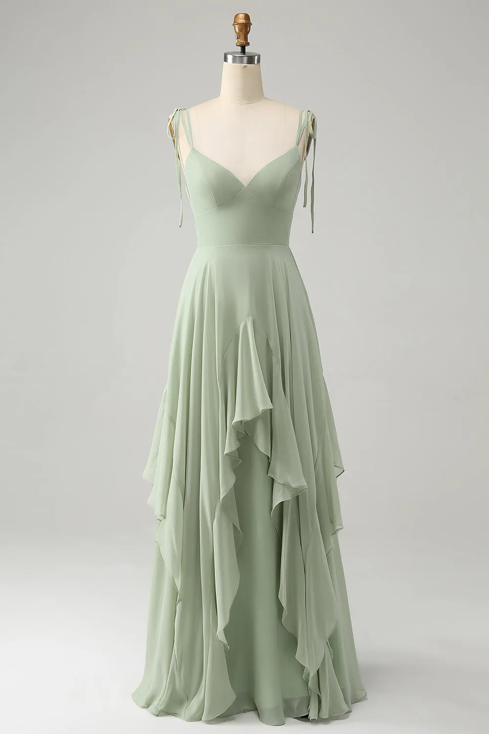 Matcha A-Line Spaghetti Straps Chiffon Abito da damigella d'onore con volant