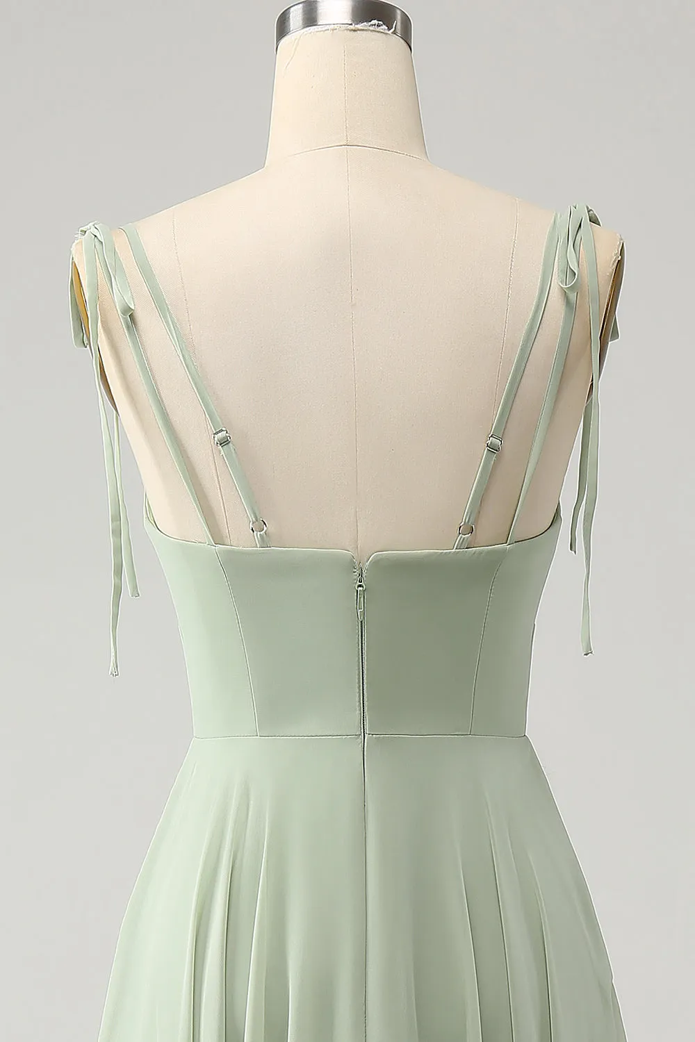 Matcha A-Line Spaghetti Straps Chiffon Abito da damigella d'onore con volant
