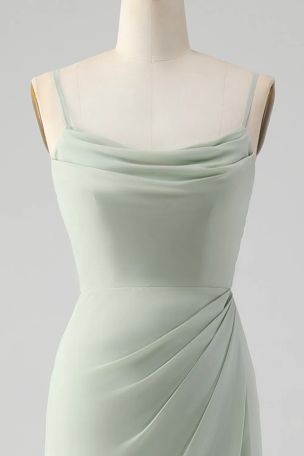 Matcha Spalline Sottili Chiffon Abito Lungo Da Damigella D'onore Con Pizzo Sulla Schiena con Spacco