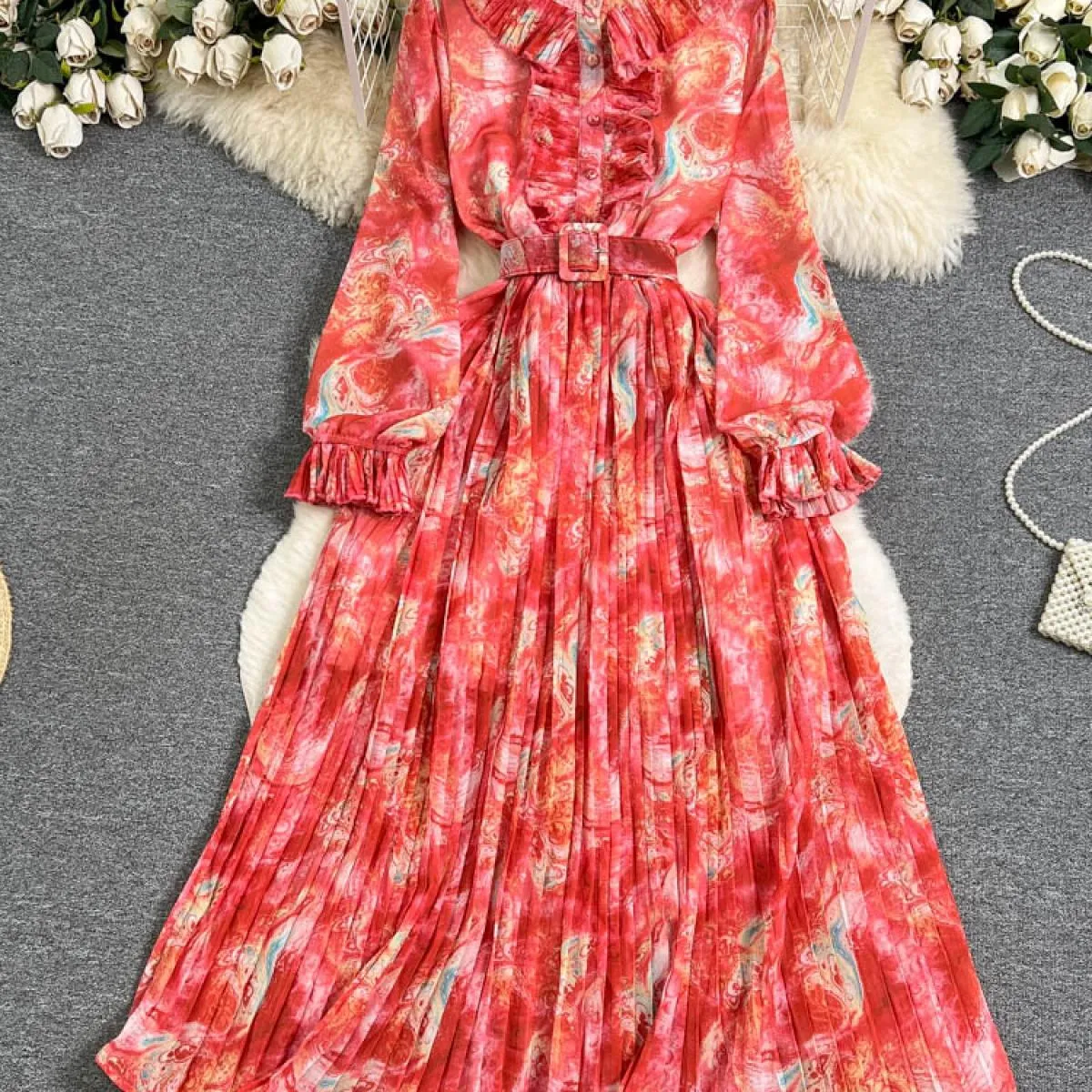 Primavera Autunno Bohemian Tie Dye Abito lungo pieghettato Donna Elegante colletto alla coreana Volant monopetto Manica a lanter