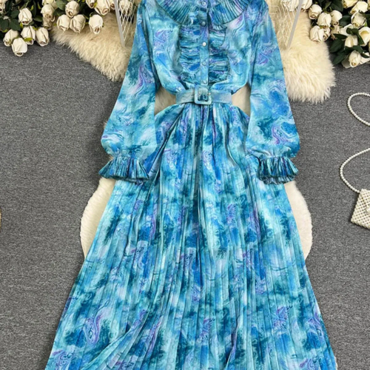 Primavera Autunno Bohemian Tie Dye Abito lungo pieghettato Donna Elegante colletto alla coreana Volant monopetto Manica a lanter