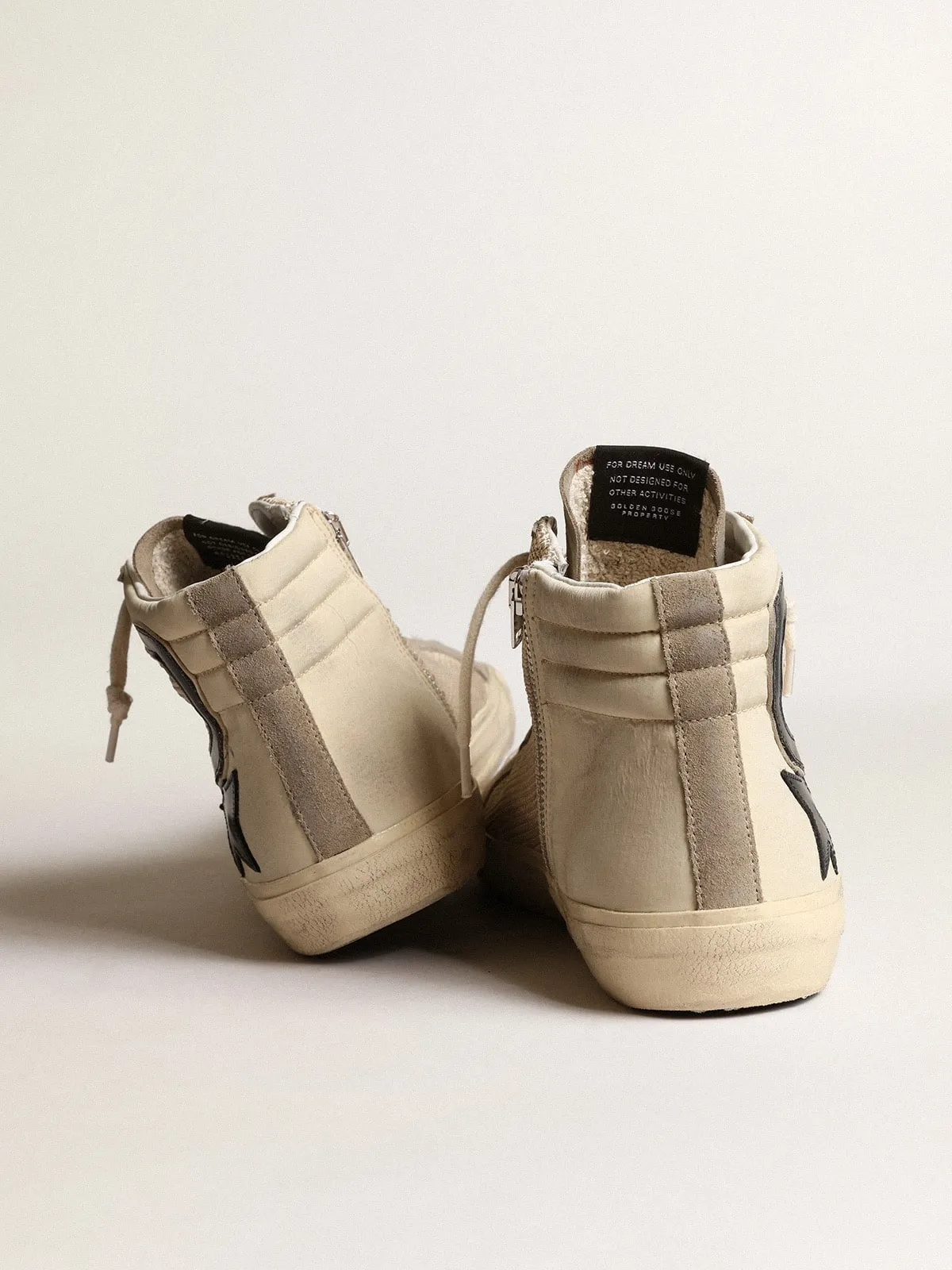 Slide in rete e nylon beige con stella e virgola in pelle blu