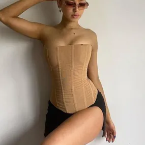 Top corsetto skinny da donna in tessuto mesh