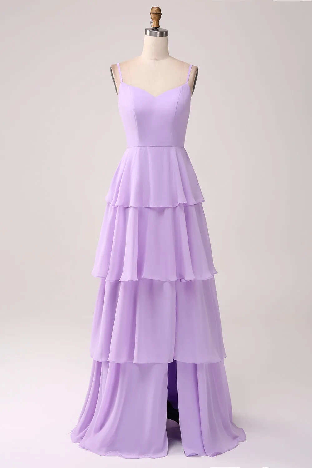 Una linea Spaghetti Straps Tiered Chiffon Lilla abito da damigella d'onore con fessura